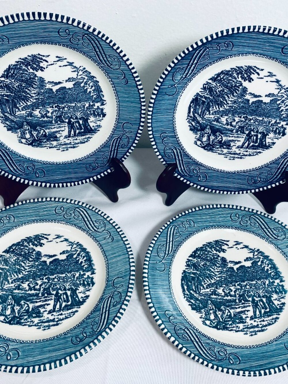 (4) VNTG Currier & Ives Bread & Butter Plates "The Harvest" 1950's Royal Blue